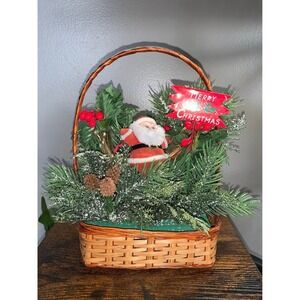 Vintage 1960s Flocked Blow Mold Santa Basket Holiday Arrangement MCM Decor